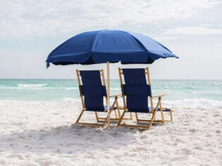 Two chairs and an umbrella on the beach