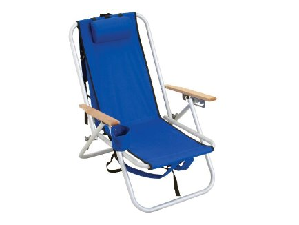 A blue beach chair with two cup holders.