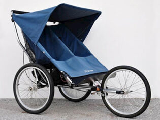 A blue bicycle with two seats and a canopy.