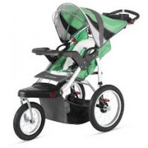 A green stroller with black accents and a handle bar.