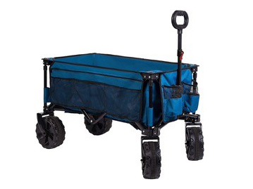 A blue wagon with wheels and an umbrella